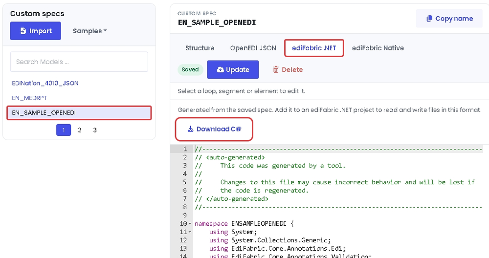 The Download C# button on the ediFabric .NET tab of a custom spec in the EDI Spec Builder